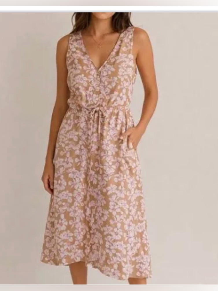Gap Xl Brown Floral Tie Waist V Neck Cotton Button Cottagecore Boho Midi Dress